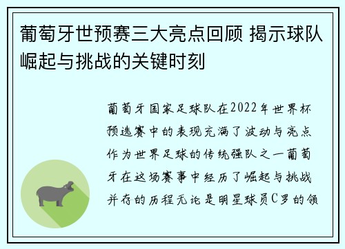 葡萄牙世预赛三大亮点回顾 揭示球队崛起与挑战的关键时刻